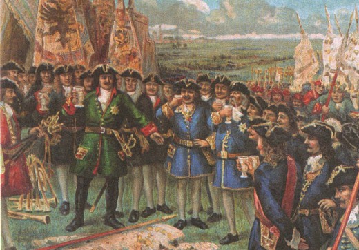 Пётр I угощает пленных шведских офицеров в лагере под Полтавой
