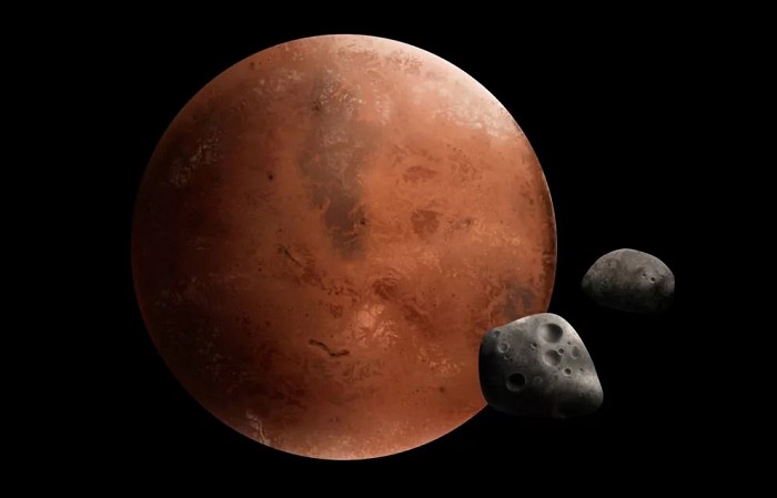 Марс со своими спутниками — Фобосом и Деймосом