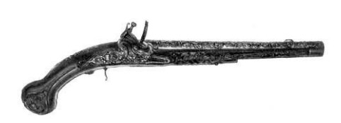 Парадный пистолет с украшениями по всей длине ложи, ствола и замка. 50-е годы XVIII века