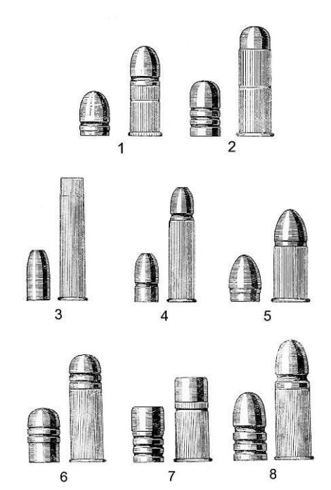 Образцы револьверных патронов центрального воспламенения периода перехода от дымных порохов к бездымным