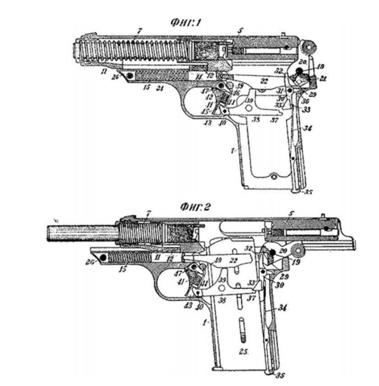 Рисунок из авторского свидетельства, выданного С.А. Коровину в 1931 г. на систему «автоматического пистолета с неподвижным при выстреле стволом» (заявка подана в 1929 г.)