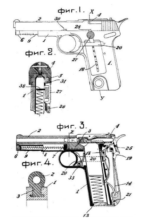 Рисунок из патента СССР на изобретение «автоматического пистолета», выданного С.А. Прилуцкому в 1927 г. (заявка подана в 1924 г.)