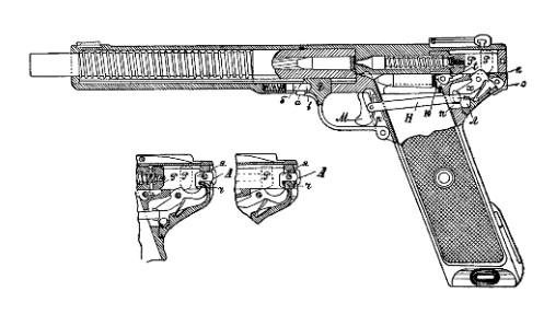 Рисунок к авторскому свидетельству на систему автоматического пистолета, выданному в 1927 г. М.Ф. Архарову