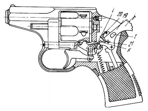 Рисунок из российского патента поясняет принцип работы ударно-спускового механизма револьвера Р-92
