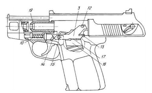 Схема устройства самозарядного бесшумного пистолета из российского патента «ЦНИИТОЧМАШ» от 1997 г.