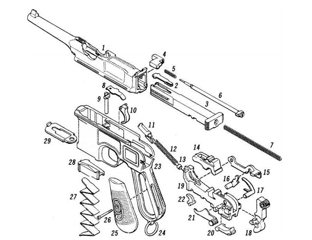 Детали и сборки пистолета «Маузер» С/96 (модификация под 9-мм патрон «парабеллум»)