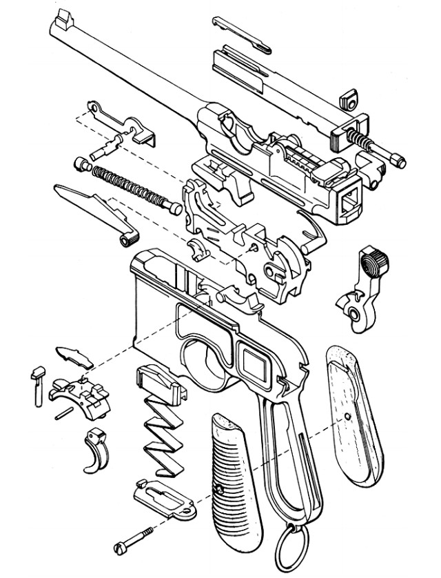 Детали и сборки пистолета С/96 «Маузер» ранней модификации