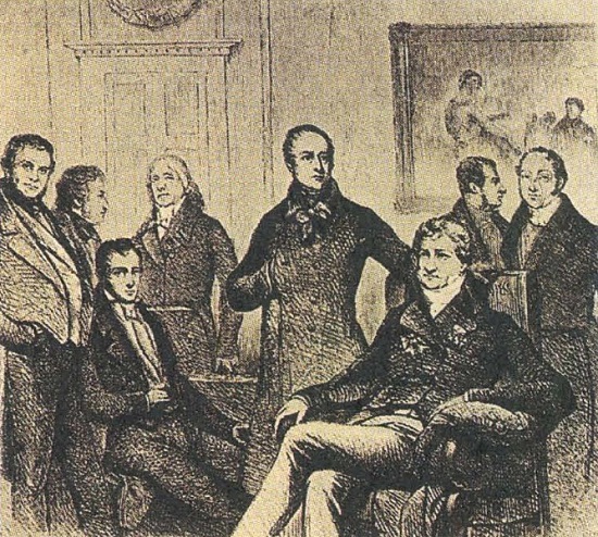 Стендаль, Альфред де Виньи, Вильгельм Гумбольдт, Франсуа Жерар, Проспер Мериме, Джоаккино Россини (слева направо). Гравюра XIX в.