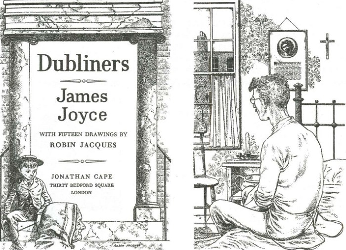 Титульный лист и иллюстрация к сборнику рассказов Дж. Джойса «Дублинцы». Издание 1956 г. Лондон