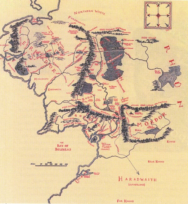 Карта Средиземья из книги «Властелин колеи». Рисунок Джона Толкина. Издание 1957 г.