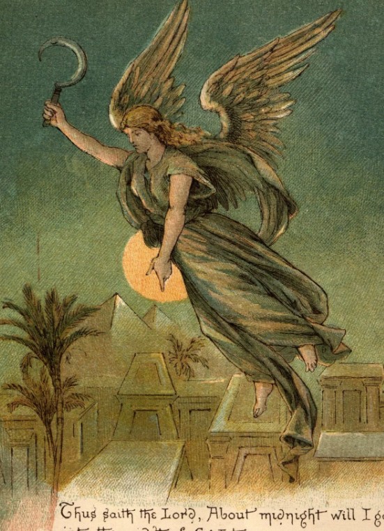 Ангел смерти с серпом в руке. Иллюстрация из английской Библии XIX в.