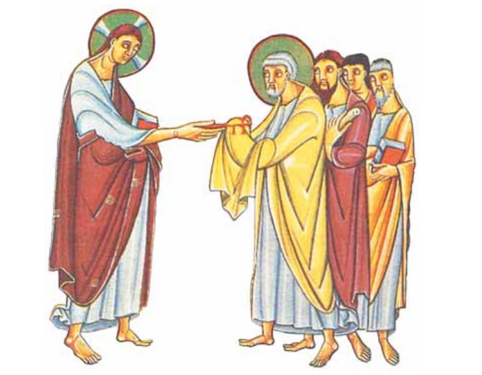 Иисус Христос передает Святому Петру ключи от рая. Миниатюра из немецкого средневекового манускрипта