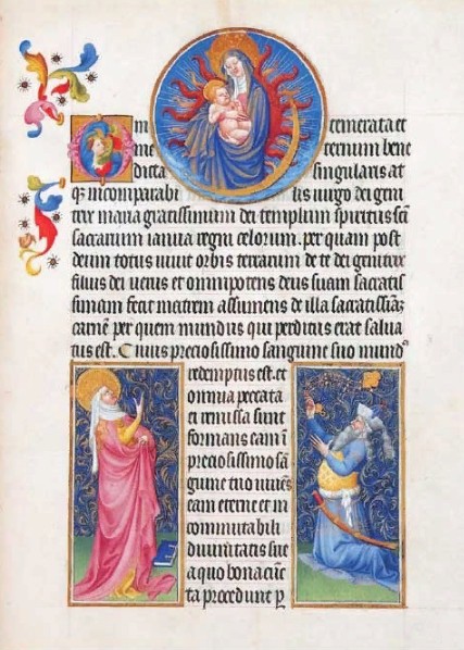 Дева Мария, Сивилла и император Август. Миниатюра из «Роскошного часослова герцога Беррийского», XV в.