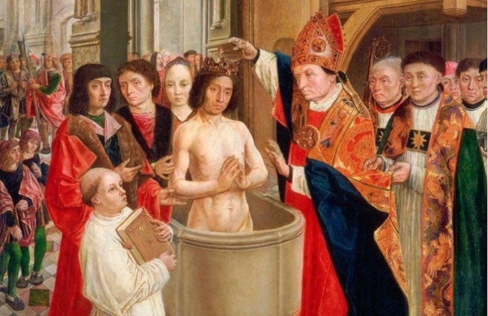 Крещение короля франков Хлодвига. Средневековая картина