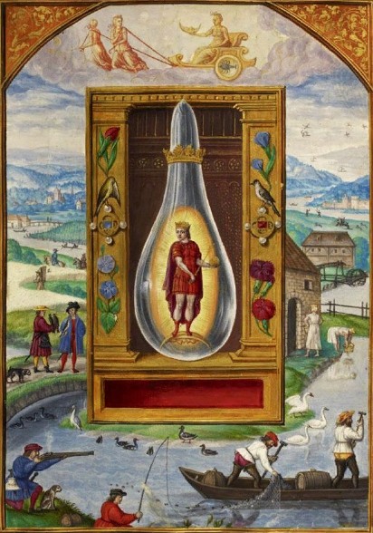Символ серебра в кукурбите. Иллюстрация из алхимического трактата «Сияние Солнца», XVI в.