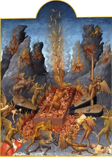 Сатана в адском пламени. Миниатюра из «Роскошного часослова герцога Беррийского», XV в.