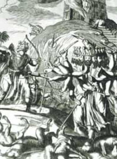 Рама сражается с десятиголовым царем ракшасов Раваной. Европейская иллюстрация к индийскому эпосу «Рамаяна», XIX в.