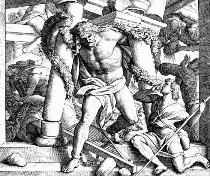 Самсон обрушивает столбы на голову филистимлянам. Гравюра XVIII в.