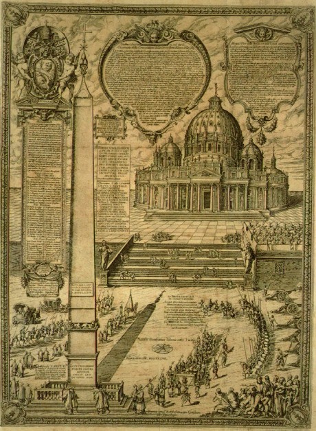 Египетский обелиск на площади перед собором Святого Петра в Риме. Гравюра из итальянского трактата XVII в.