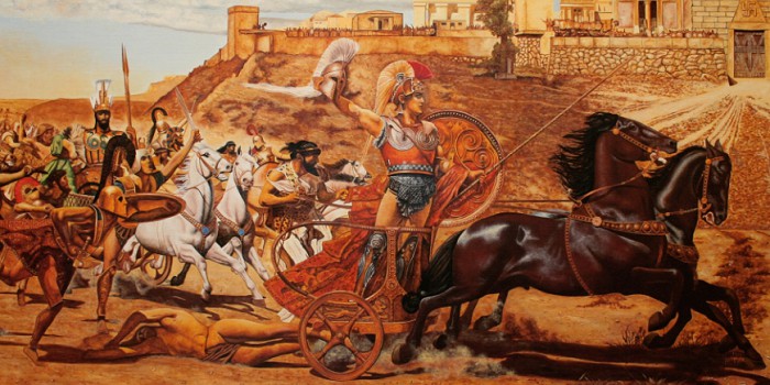 Ахиллес обвозит тело Гектора, привязанное к колеснице, вокруг стен Трои