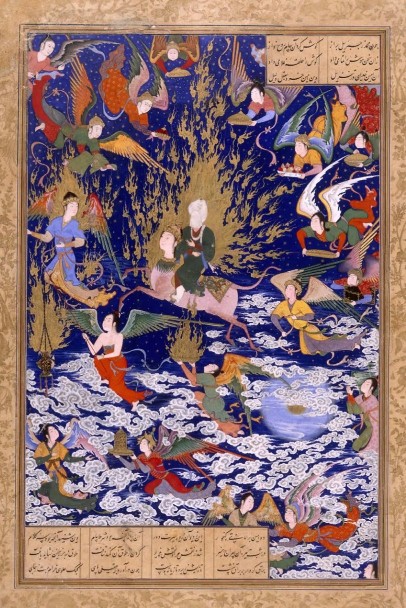 Пророк Мухаммед на небе в окружении ангелов. Средневековая персидская миниатюра