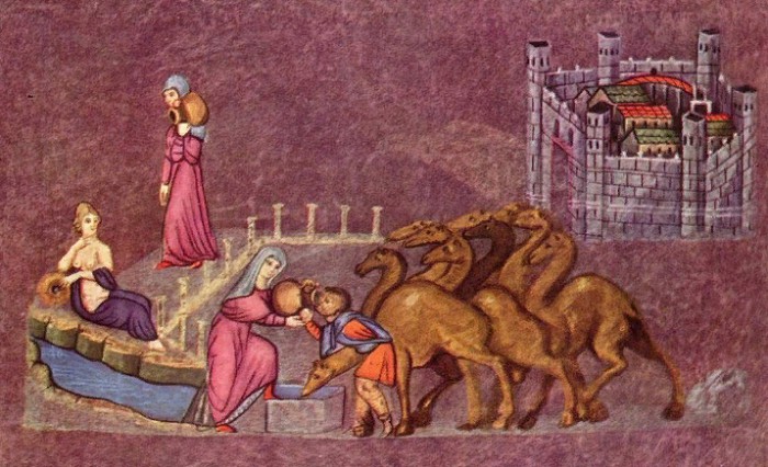 Ревекка и Исаак у колодца. Средневековая миниатюра