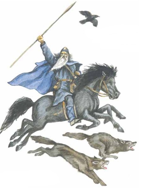 Скандинавский бог Один скачет по небу в сопровождении двух волков — Гери («Жадность») и Фреки («Свирепость»)