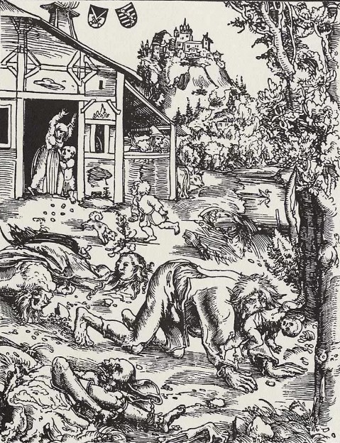 Оборотень нападает на селение. Гравюра немецкого художника Л. Кранаха Старшего, XVI в.