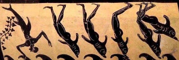 Пираты превращаются в дельфинов. Фрагмент росписи древнегреческой вазы