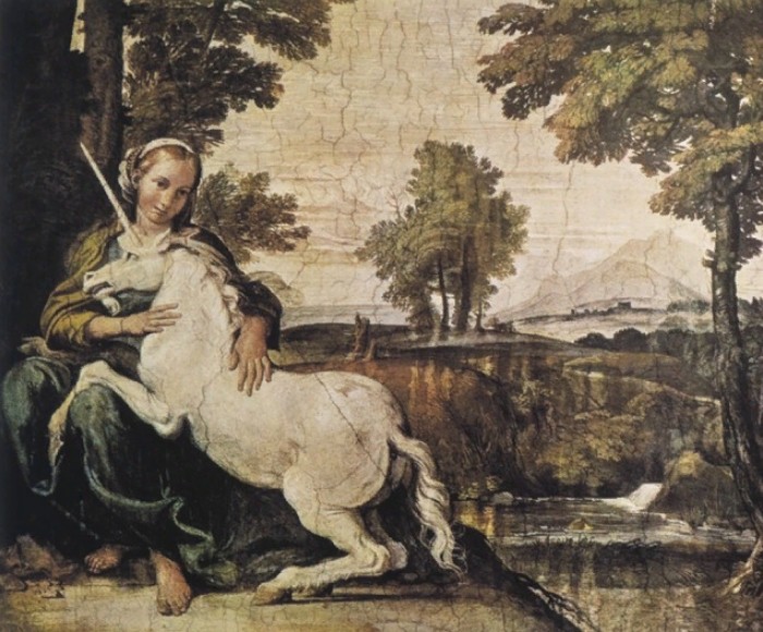 Девушка с единорогом. Фрагмент фрески работы итальянского художника Д. Вампьерис палаццо Фарнезе в Риме, XVII в.