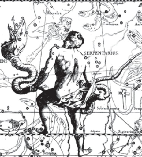 Созвездия Змеи и Змееносца. Иллюстрация из астрономического атласа «Уранография» Я. Гевелия