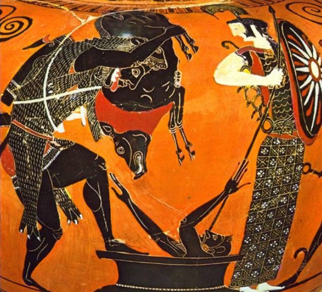 Геракл ловит Эриманфского вепря. Фрагмент росписи древнегреческой вазы
