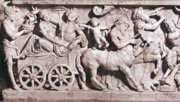 Колесница Бахуса и Ариадны, в которую запряжены кентавры. Барельеф на древнеримском саркофаге.