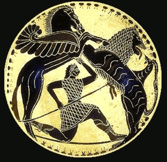 Беллерофонт и пегас сражаются с химерой. Фрагмент росписи древнегреческой вазы