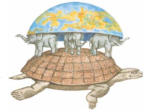 Согласно индуистской мифологии, Земля покоится на спине трех слонов Махапудма, которые стоят на панцире у гигантской черепахи Чуквы