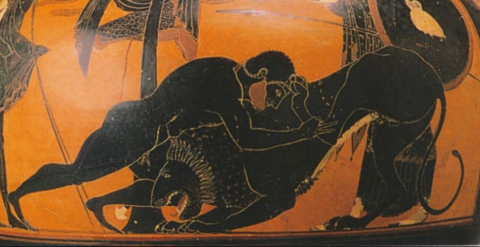 Геракл убивает Немейского льва. Фрагмент росписи древнегреческой вазы