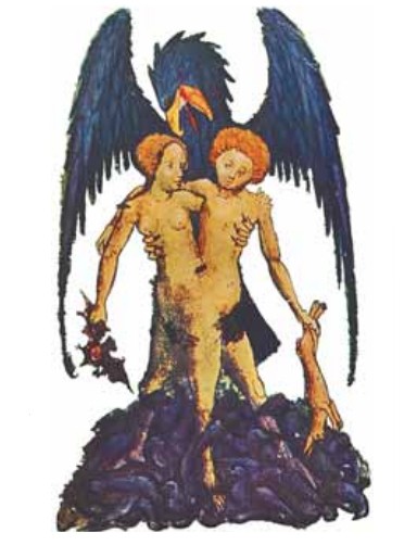 Синий орел над алхимическим гермафродитом символизирует летучую природу вещества. Миниатюра из трактата «Восходящая Аврора», XVI в.