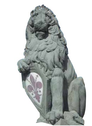 Лев держит щит с гербом Флоренции - красной лилией на белом фоне. Статуя работы Донателло