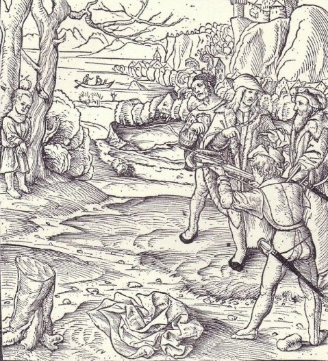 Вильгельм Телль стреляет в яблоко на голове своего сына. Немецкая гравюра XVI в.