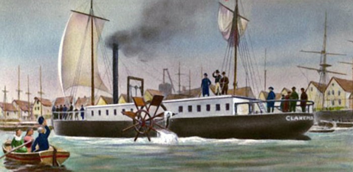 Пароход «Клермонт» на реке Гудзон. 1807 г. Открытка начала XX в.