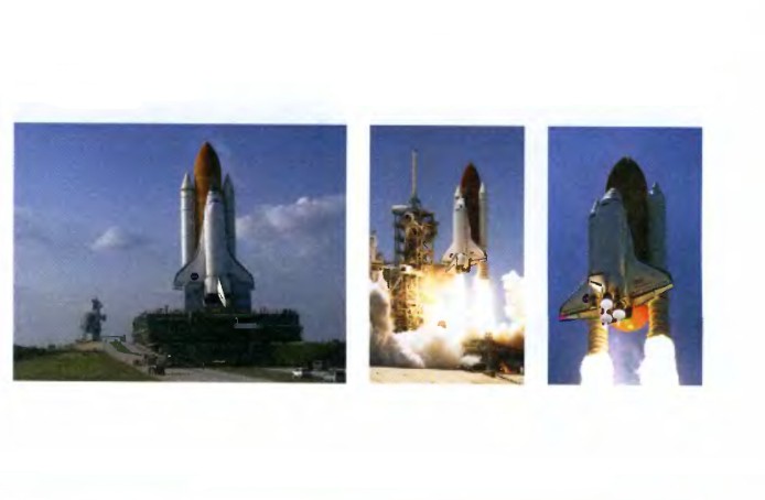 Эти три фотографии показывают космический корабль на базе (слева), в момент старта (в центре) и на пути в космос (справа)