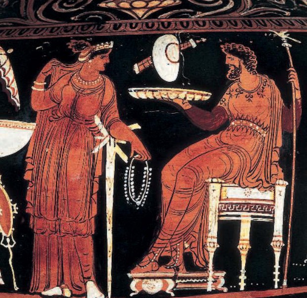 На рисунке с вазы изображена Персефона с Гадесом (Аидом)