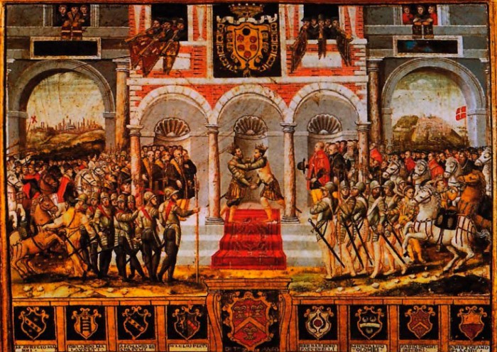 Подписание мира в Като-Камбрези между Францией, Испанией и Англией 2—3 апреля 1559 г. Генрих II Французский и Филипп II Испанский заключают друг друга в объятия. Французская школа. XVI в. 