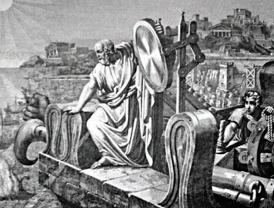 Архимед применяет зеркала для уничтожения вражеских кораблей при осаде Сиракуз