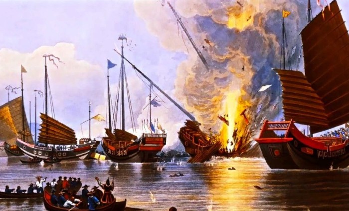 Уничтожение китайских джонок во время Опиумной войны. Э. Дункан, 1843