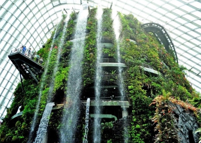 Водопад в тропическом лесу в ботаническом саду Сингапура