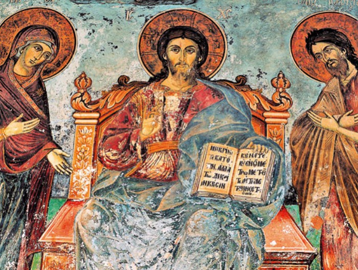 Христос Вседержитель с Богоматерью и Иоанном Предтечей. Фрагмент фрески