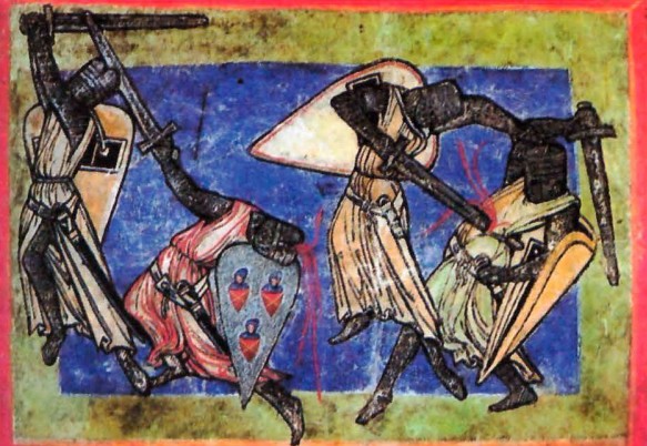 Сражающиеся рыцари. Средневековая миниатюра