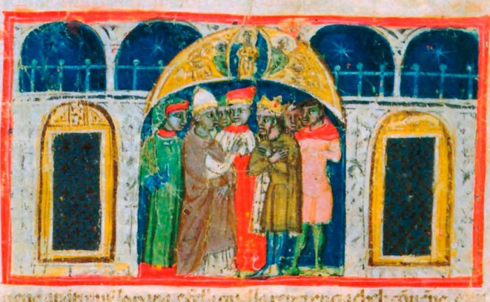 Заключение мира между императором Фридрихом Барбароссой и Папой Александром III. Средневековый манускрипт.