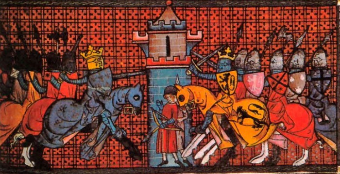 Поединок Ричарда I и Филиппа II Августа. Миниатюра. XII в.